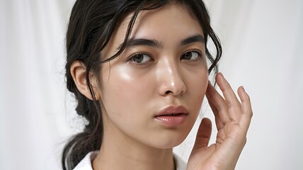 A serene portrait of a woman showcasing flawless skin and natural beauty. Her eyes softly gaze, reflecting a sense of peace. The delicate touch to her face enhances the image