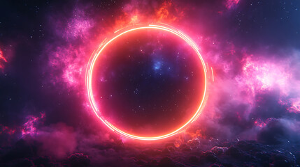 Fototapeta premium Abstract cosmic portal with nebula clouds and glowing ring in dark space digital artwork background generative ai