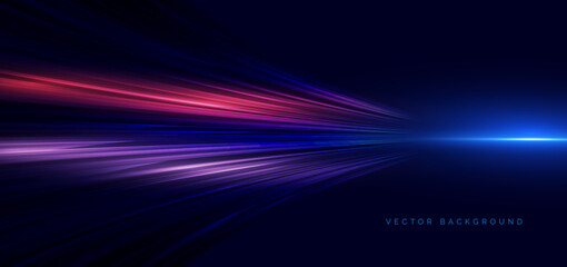 Abstract red and purple lines curve on dark blue background. Speed motion moving movement concept.