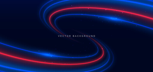 Light blue and red cuved rays glowing on dark blue background. High speed motion moving concept.