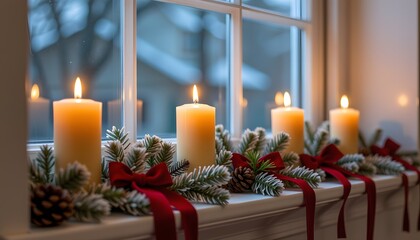 On the windowsill, a row of flickering candles in fragrant pine scents, nestled among frosted pine branches and red velvet ribbons, adding a touch of old world charm to the festive decorations.