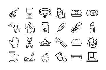 Cat Life and Essentials Line Art Icons for Pet Care and Activities