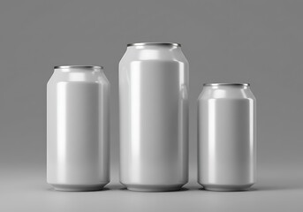 Three aluminum cans of varying sizes on a gray surface