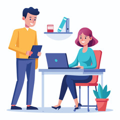 man sitting at his desk working on laptop, with woman standing near him holding phone, designed in flat style vector 
