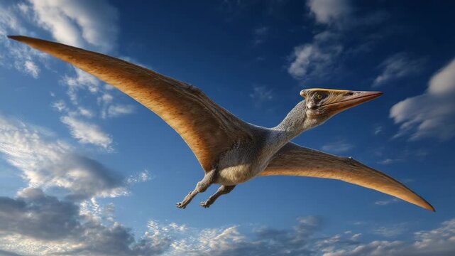 Pterodactyl soaring through a partly cloudy sky, prehistoric flying reptile with wings outstretched