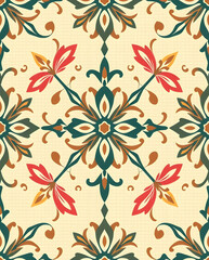 Create floral Damask fabric with geometric balance and textured elegance, seamless pattern.