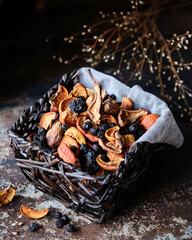 A beautifully arranged assortment of assorted dried fruits presented in