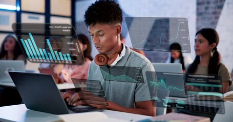 Man, laptop or hologram of dashboard for trading, data analysis workshop and future in business. Student, tech or UI interaction in college for finance management, economy course or typing statistics - Powered by Adobe