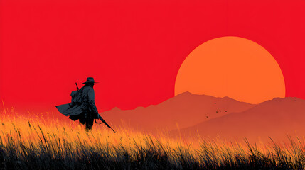Illustration of a soldier holding a rifle on a battlefield at dawn, minimalist style.

