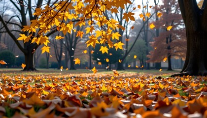 As the leaves gracefully fall to the ground, they create a symphony of soft rustling sounds that echo through the park, signaling the arrival of autumn.