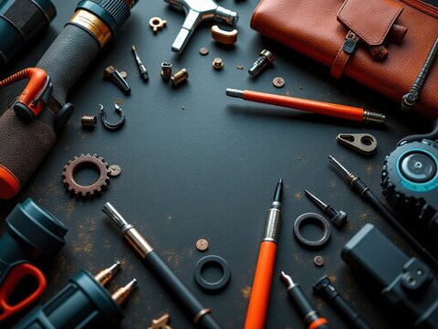 A collection of tools and writing implements are laid out on a table. The tools include a variety of pens, pencils, and other writing implements, as well as a few other items such as a camera old aban