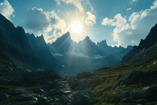 high resolution visual of a mountain landscape with a sun and a silhouette of a mountain