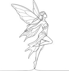 Silhouette line art fairy with a flying on white background. Vector illustration. 