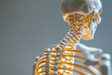 Close-up of anatomical human skeleton model, highlighting the cervical and thoracic spine.