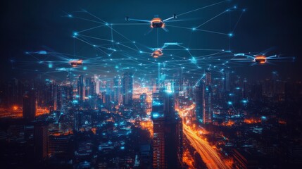 Futuristic city surveillance network with drones.  Networked urban cityscape at night, with interconnected drones and surveillance cameras.  High-tech, digital, and aerial view. .