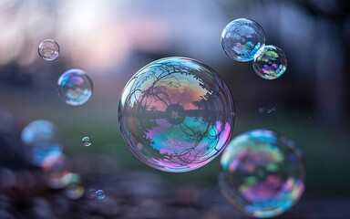 A close-up shot of multiple soap bubbles floating in mid-air, with an iridescent and colorful reflection.