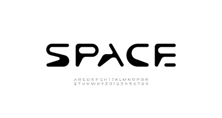 Font digital cyber alphabet, cyberpunk rounded letters A, B, C, D, E, F, G, H, I, J, K, L, M, N, O, P, Q, R, S, T, U, V, W, X, Y, Z and futuristic numerals 0, 1, 2, 3, 4, 5, 6, 7, 8, 9