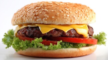 Delicious cheeseburger with fresh lettuce and tomato on a sesame seed bun perfect for a tasty meal capturing the essence of fast food cuisine on bright background