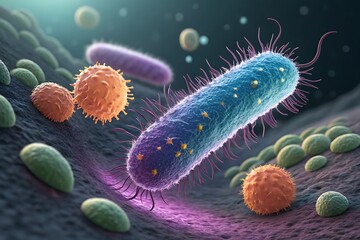 Fototapeta premium Intricate illustration showcasing diverse bacteria, highlighting microscopic life and scientific concepts. The image reveals a detailed, color-enhanced depiction of various bacteria