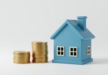 Stacks of coins with a blue house model on a white background