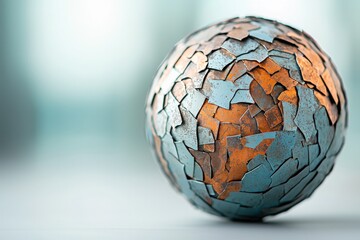 A textured sphere composed of blue and orange fragments, symbolizing a fragmented world or planet, set against a soft, blurred background.