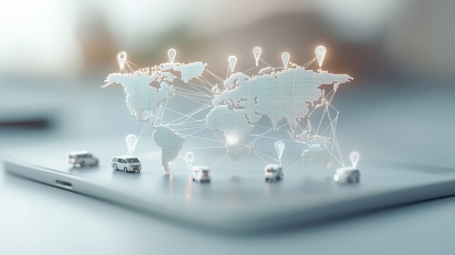 A digital map overlay with connected points displayed on a smartphone, symbolizing global connectivity and transportation.