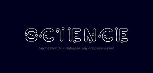 Digital alphabet chrome font made rings, silver letters and numbers made in science style, vector illustration 10EPS.