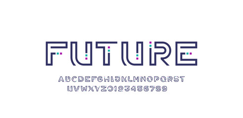 Technology font, digital cyber alphabet, letters A, B, C, D, E, F, G, H, I, J, K, L, M, N, O, P, Q, R, S, T, U, V, W, X, Y, Z, numerals 0, 1, 2, 3, 4, 5, 6, 7, 8, 9