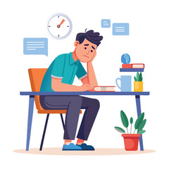 Vector of stressed tired man sitting at table working on laptop computer