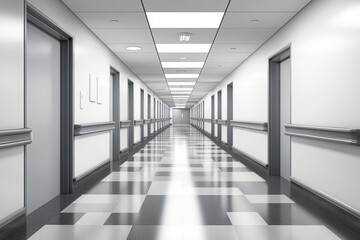 Bright and clean hospital hallway with white walls, benches, and modern lighting