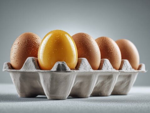 Fresh eggs in carton with water droplets showcasing a golden egg among brown eggs simple breakfast concept clean background studio shot angled view - Powered by Adobe