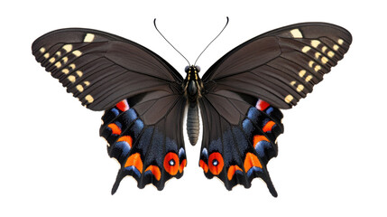 Naklejka premium Detailed Close-Up of Colorful Butterfly Wings with Black Background and Transparent Elements