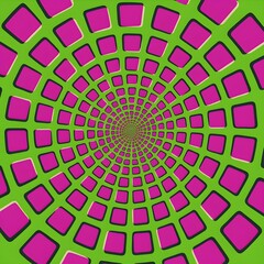 Pink squares spiral inward over a neon green background, creating a vibrant optical illusion