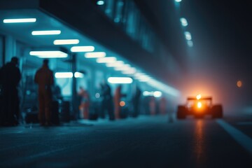 Brightly lit pit lane shrouded in fog, showcasing intense atmosp