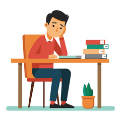 Vector of stressed tired man sitting at table working on laptop computer