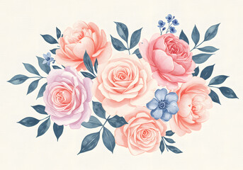 Fototapeta premium Beautiful Peach and Pink Rose Bouquet Watercolor Painting