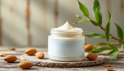 Minimalist skincare cream in vibrant almond with bamboo background, zen product shoot