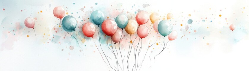 A vibrant watercolor illustration featuring colorful balloons floating against a light background, evoking a sense of celebration and joy.