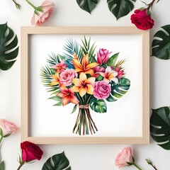 Abstract hyper realistic watercolor painting of a small, detailed tropical flower bouquet inside a frame, isolated on white background art illustration design