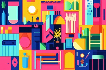 Abstract colorful geometric collage of household and party items.