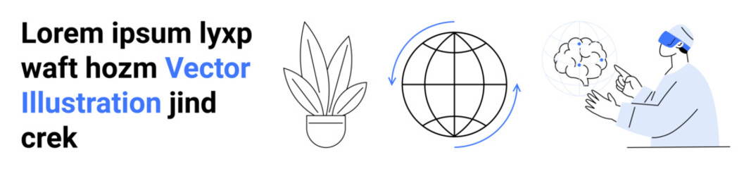 Potted plant, globe with arrows around it, human wearing VR headset interacting with digital brain. Ideal for ecology, virtual reality, global connectivity, technology, innovation, AI flat landing