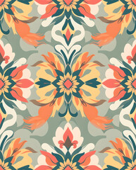 Fototapeta premium Vibrant Damask floral with geometric diamonds and pastel tones, seamless pattern.