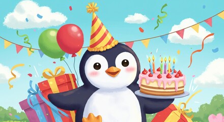Joyful penguin birthday party celebration with cake, balloons, and gifts