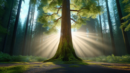 Obraz premium Majestic tree illuminated by sunlight in a serene forest
