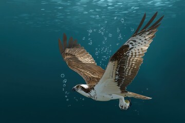 Obraz premium Osprey soaring underwater with captured fish in talons graceful flight aquatic realm serene ocean depth majestic bird hunting skill wildlife art