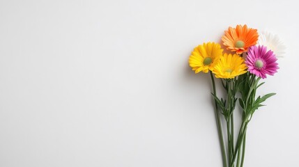 Fototapeta premium A vibrant bouquet of colorful flowers including yellow, orange, pink, and white blooms, arranged against a minimalist white background, and fresh and cheerful composition.