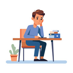 Vector of stressed tired man sitting at table working on laptop computer