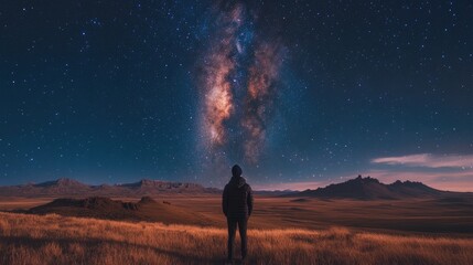 Person gazing up at night sky with stars and galaxy on distant mountain background