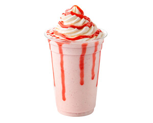 Strawberry Milkshake with Whipped Cream and Red Syrup in a Plastic Cup

