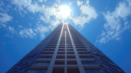 Fototapeta premium Skyscraper reaching for the sky. Vast, modern building against a bright blue sky filled with puffy clouds, highlighting the sun